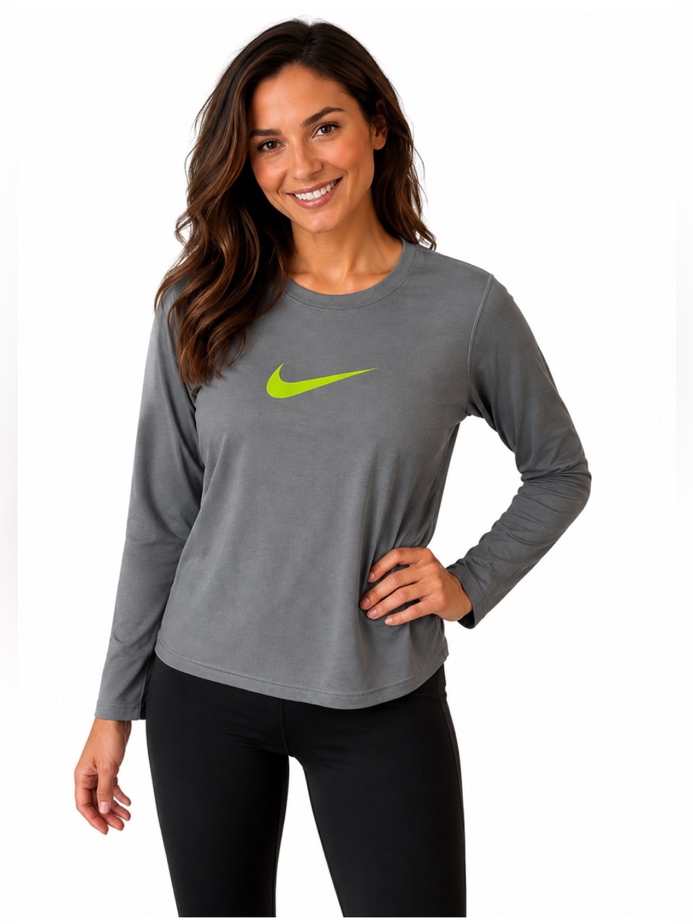 Nike Gray Long Sleeve Athletic Performance Top Neon Swoosh Women’s Size L